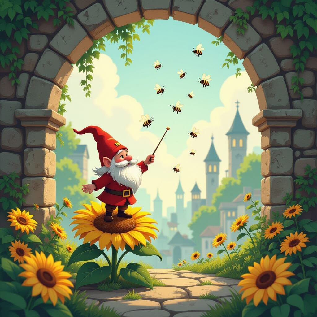 Gnome Bee Conductor in Ghibli-Inspired Overgrown City