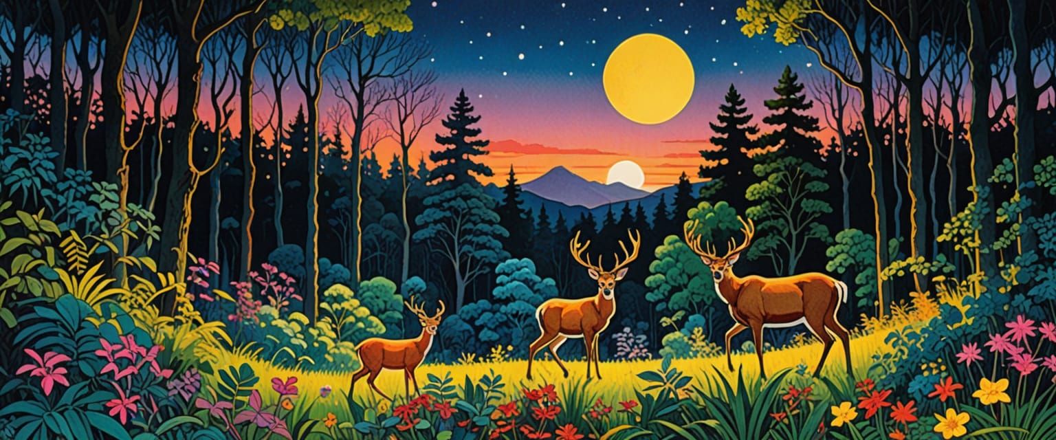 Magical Evening Forest Scene with Deer and Tropical Plants