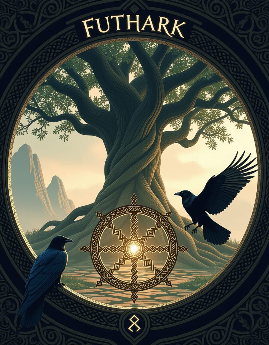 Norse Runewheel and Yggdrasill Tree Digital Art