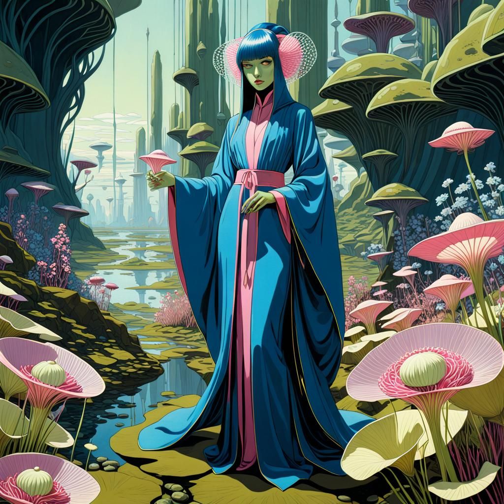 Blue Goblin in Futuristic Garden with Jellyfish Robe