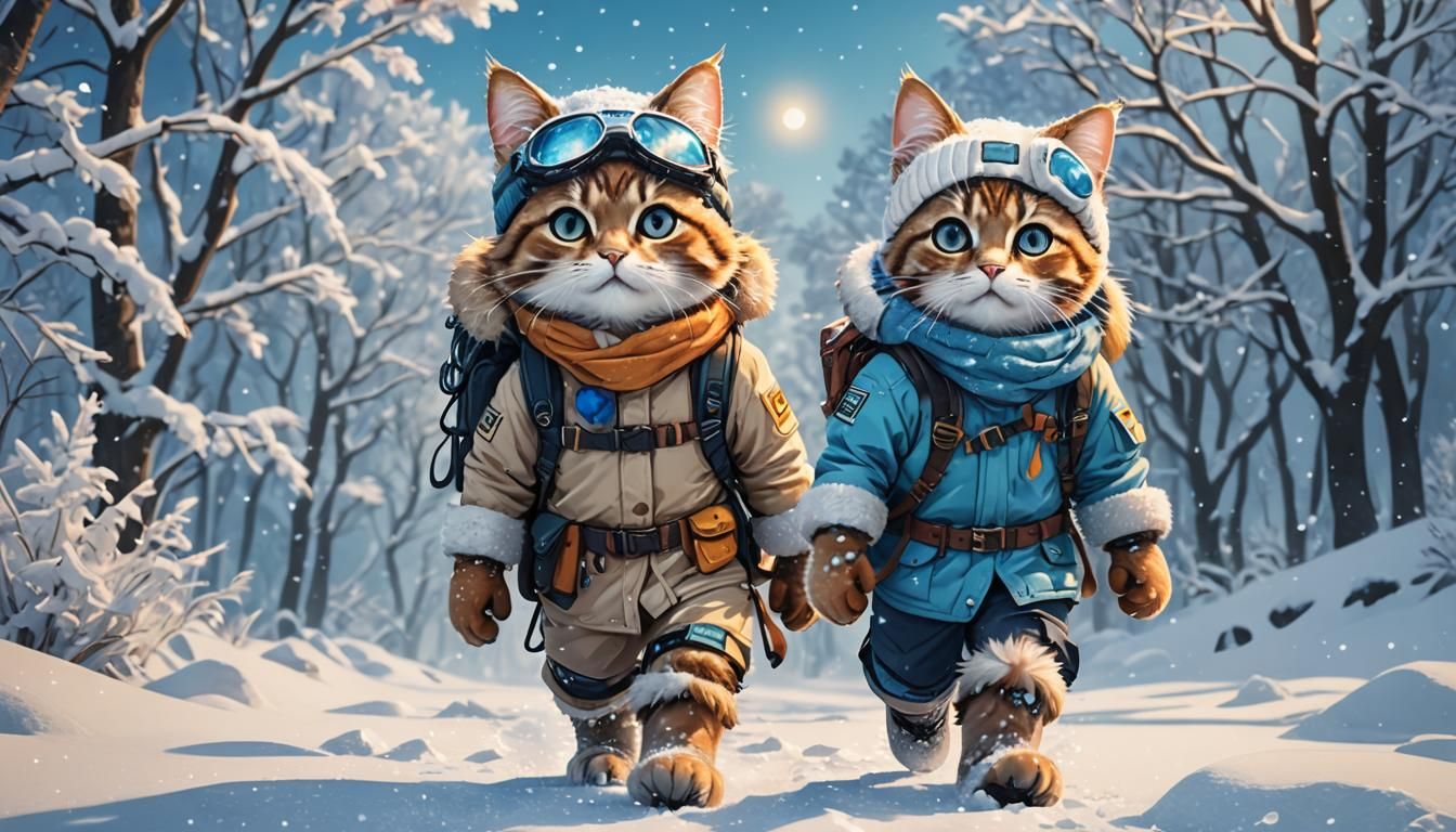 Feline Adventurer Wandering Winter Wonderland in Anime-Style...
