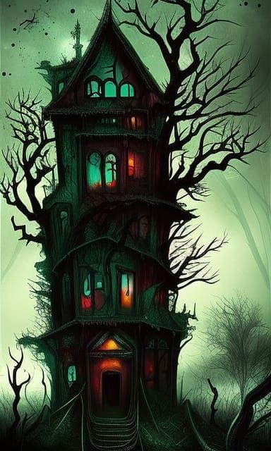 Creepy Haunted House with Starry Sky in Dystopian Horror Art