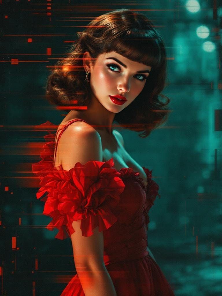 Woman in Red Dress with Digital Glitch Overlay