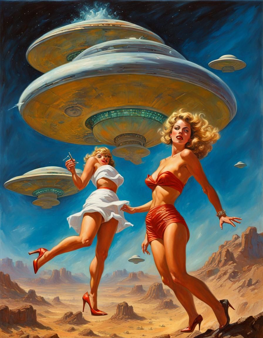 Martian Abduction of Pin-Up Girl in Pulp Art Style
