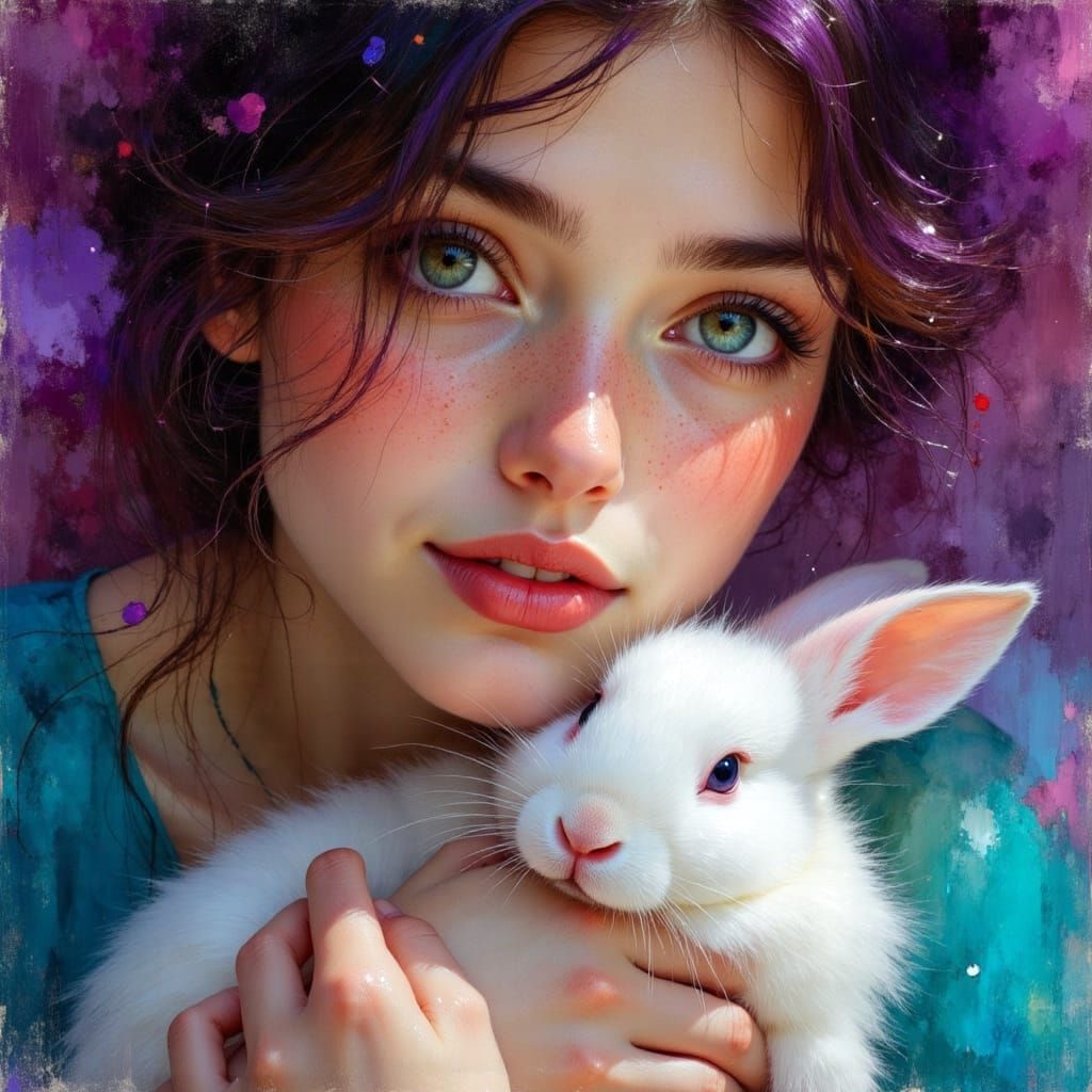 Woman Snuggling Bunny: Colorful Atmospheric Oil Painting
