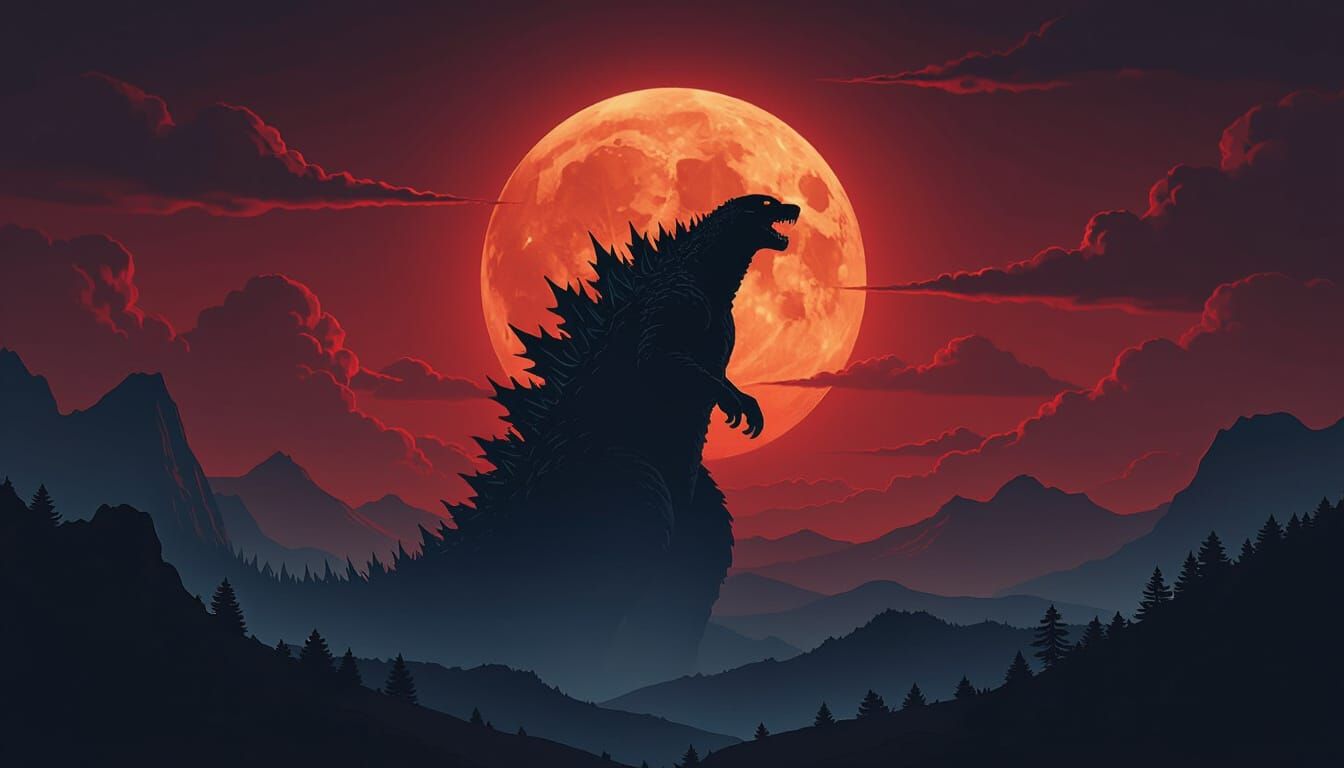 Godzilla Silhouette Soaring Over Ominous Valley at Night