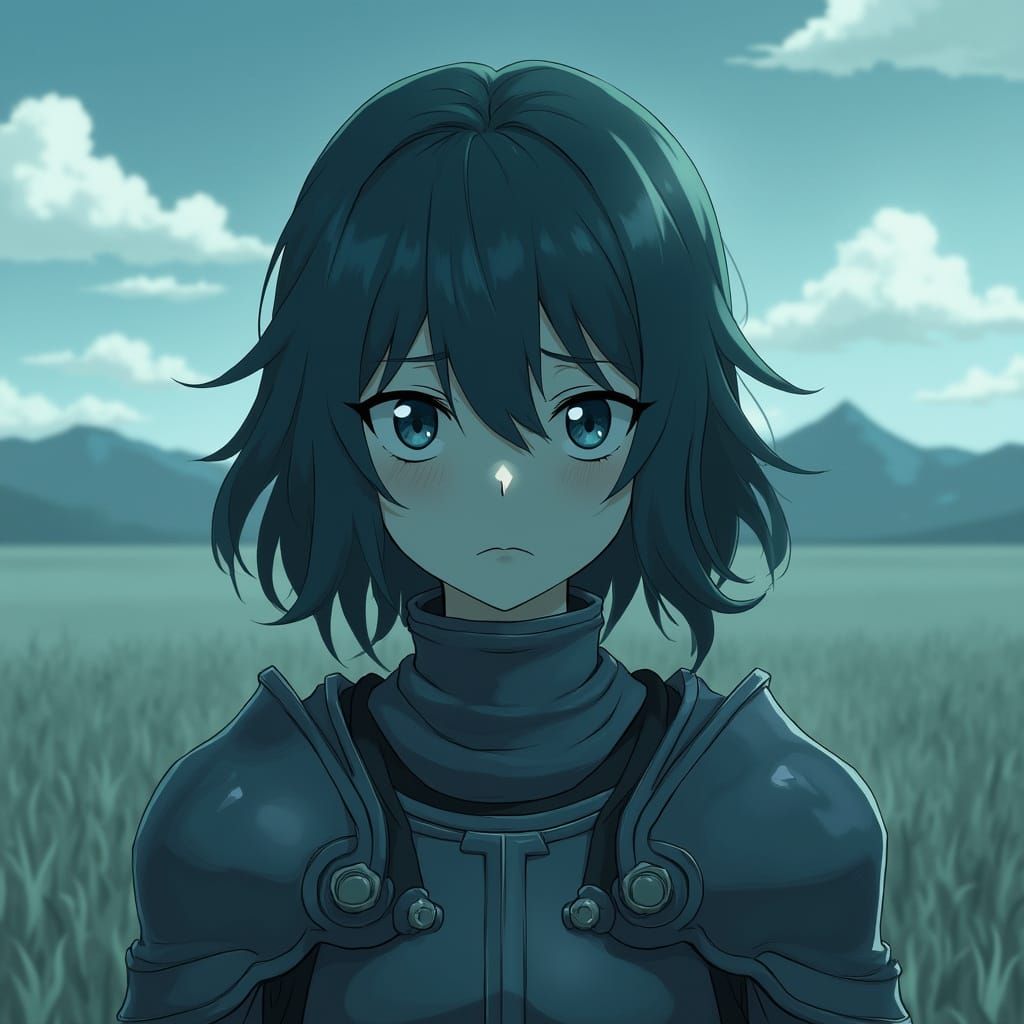 A lone weary female knight on an empty battlefield