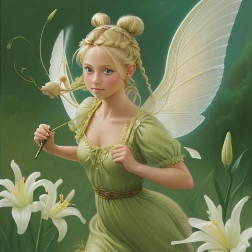 Tinkerbell in Flight with Lily, Oil Painting