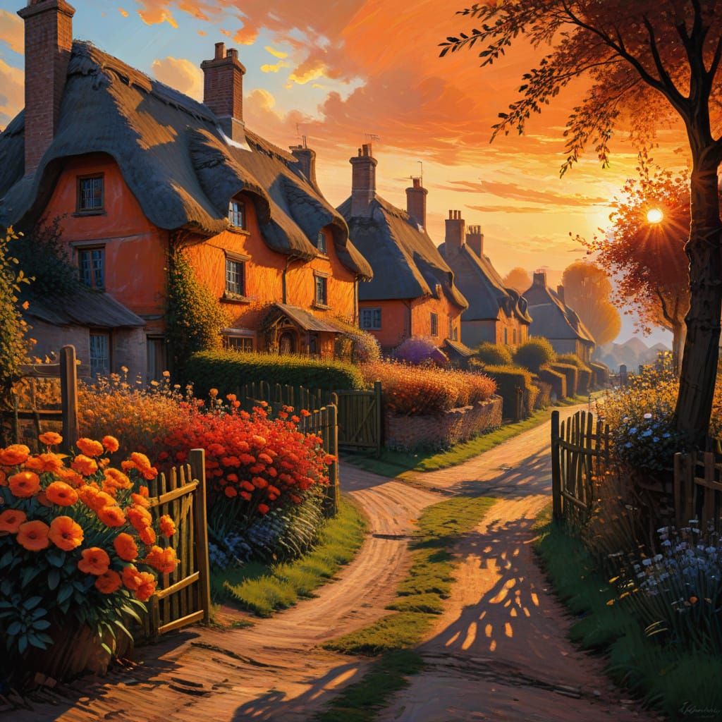 English Village Sunset in Warm, Vibrant Oil Painting