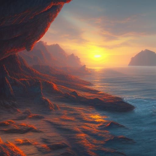 Rocky Shores Sunset in Detailed Matte Painting