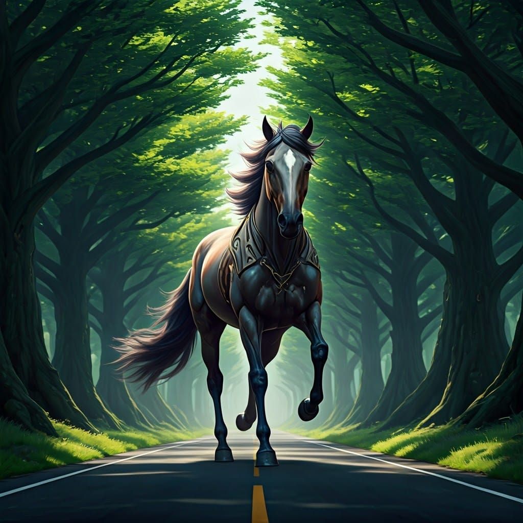 Horse Galloping on Forest Road in Anime 3D Style