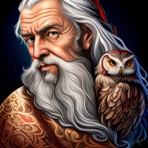 Grand Master Wizard Portrait with Owl in Hyperrealism