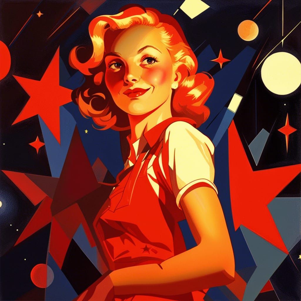 Vintage Woman in Red with Abstract Geometric Shapes