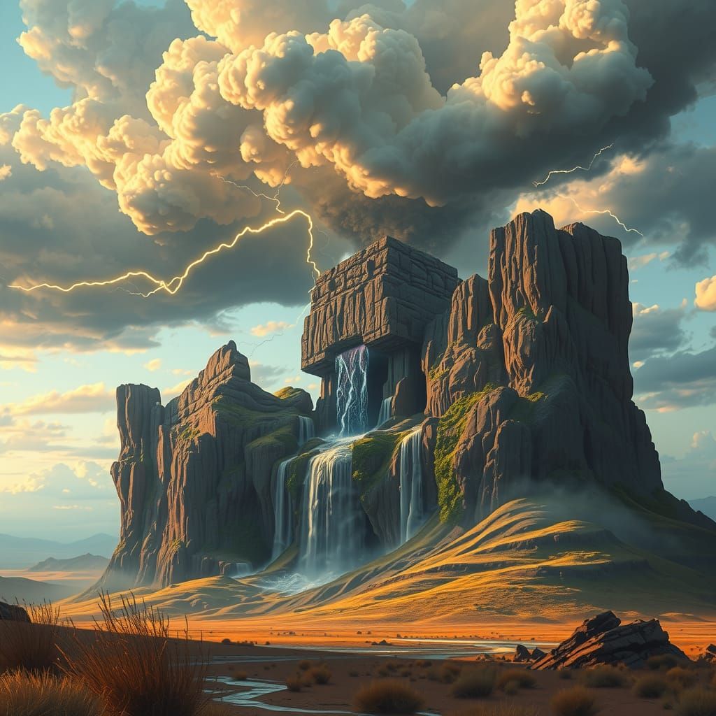 Majestic Earth Giant with Waterfalls and Lightning