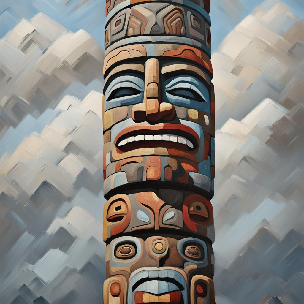 Haida Totem Pole in Impressionist Oil Painting