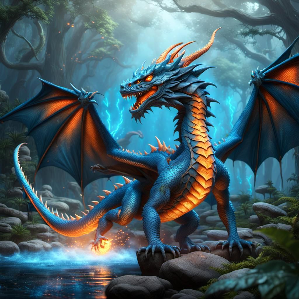 Blue Dragon in Enchanted Forest, 3D Digital Art