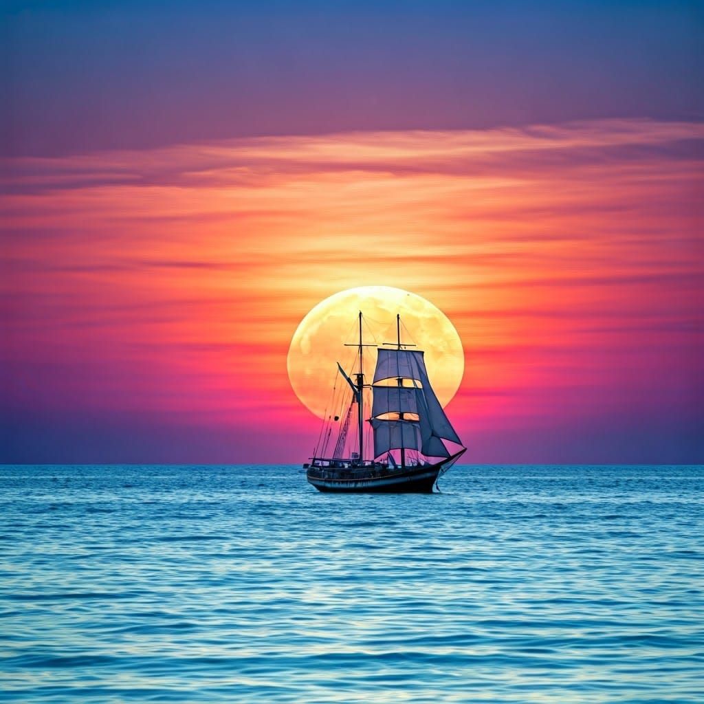 Spectacular Sunset Scene with Sailing Ship and Full Moon
