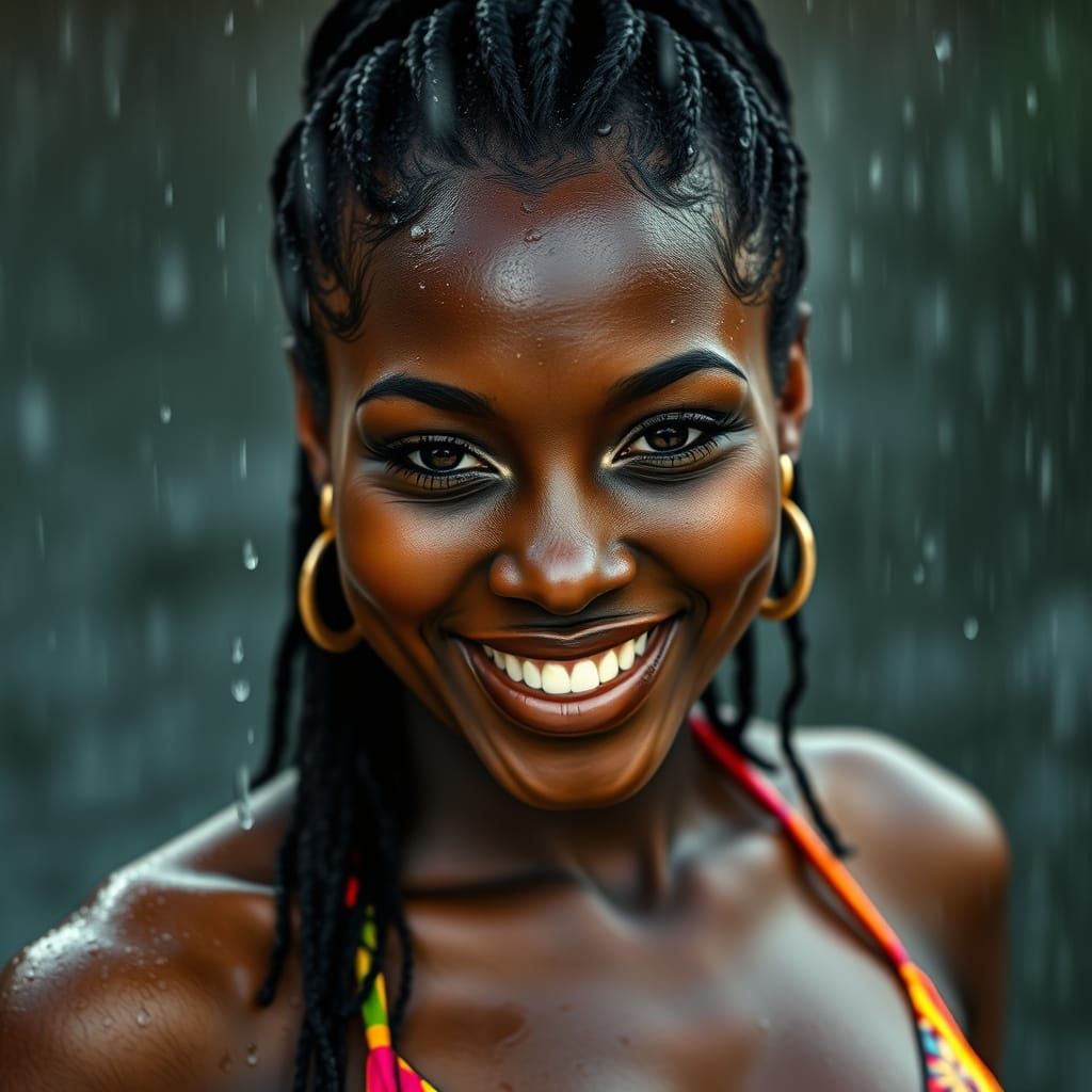 Vibrant Bikini Portrait of a Smiling Black Woman in the Rain