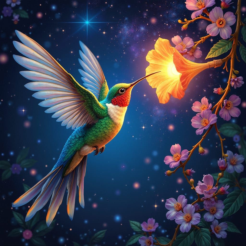 Celestial Hummingbird Sipping Stardust Nectar: Art Nouveau T...