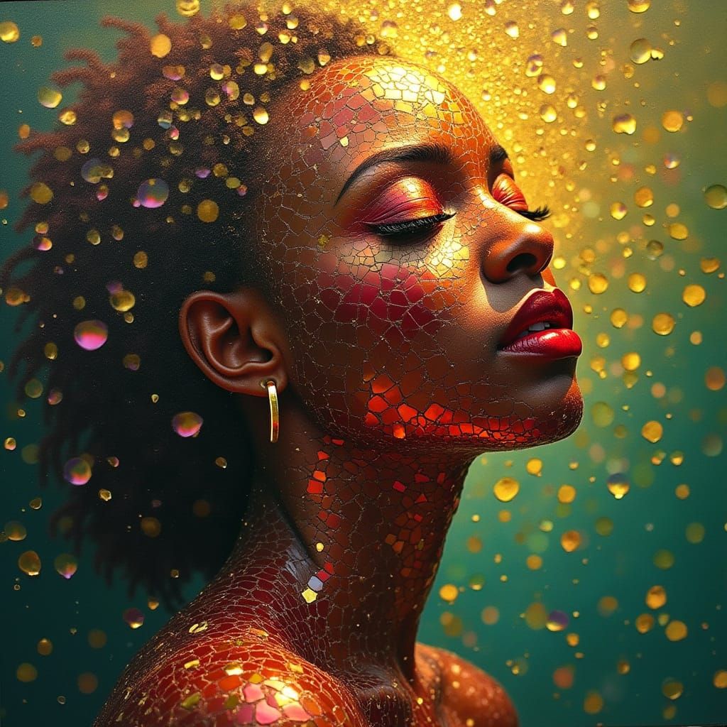 Surreal Goddess of Light in Tie-Dye Glass and Golden Fog