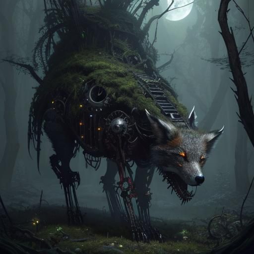Decaying Mechanical Fox: Zombiecore Horror Illustration