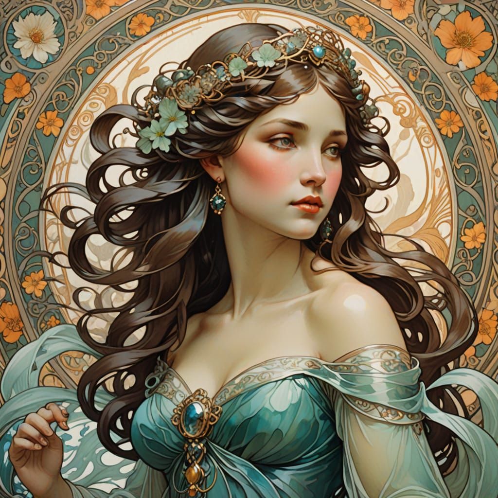 Ethereal Siren Portrait in Art Nouveau Style