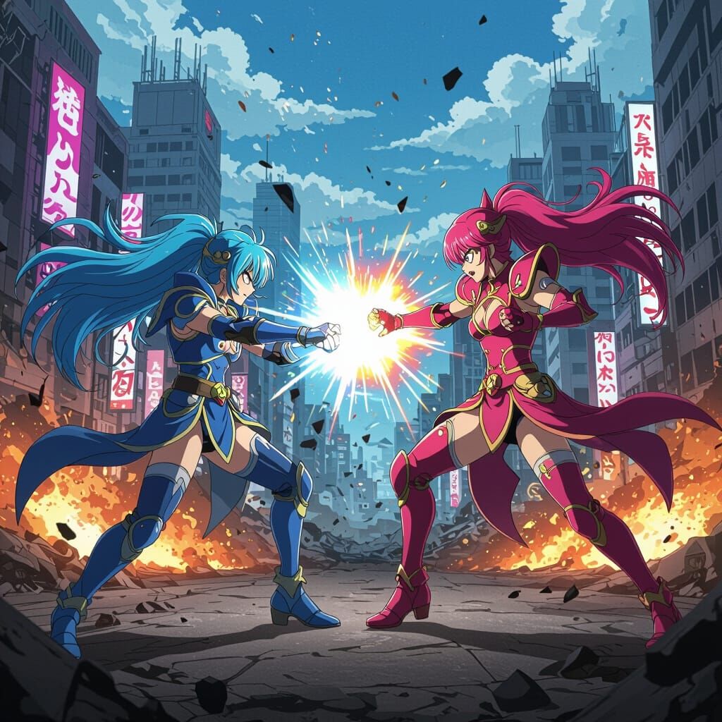 Anime Fighters Clash in Destruction-Filled Cityscape