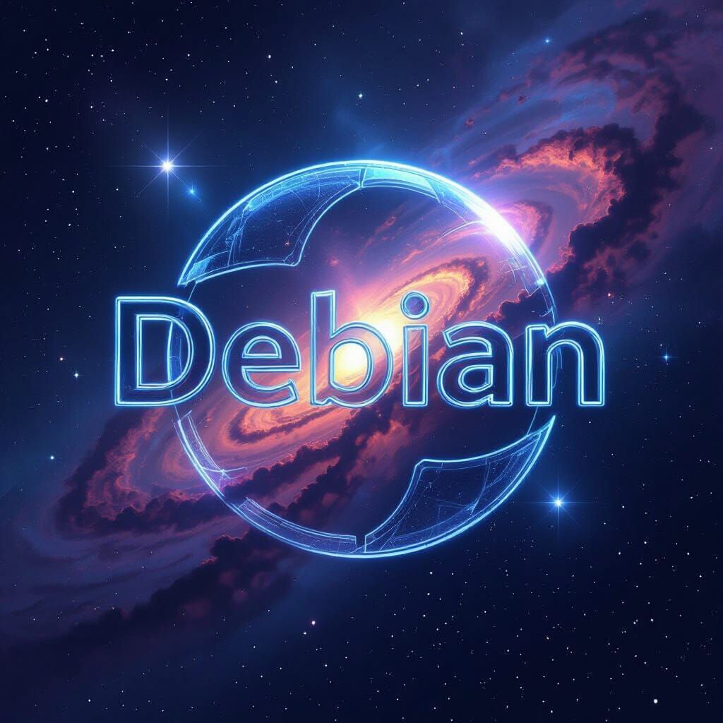 Debian Logo in Cosmic Space with Neon Chrome Style