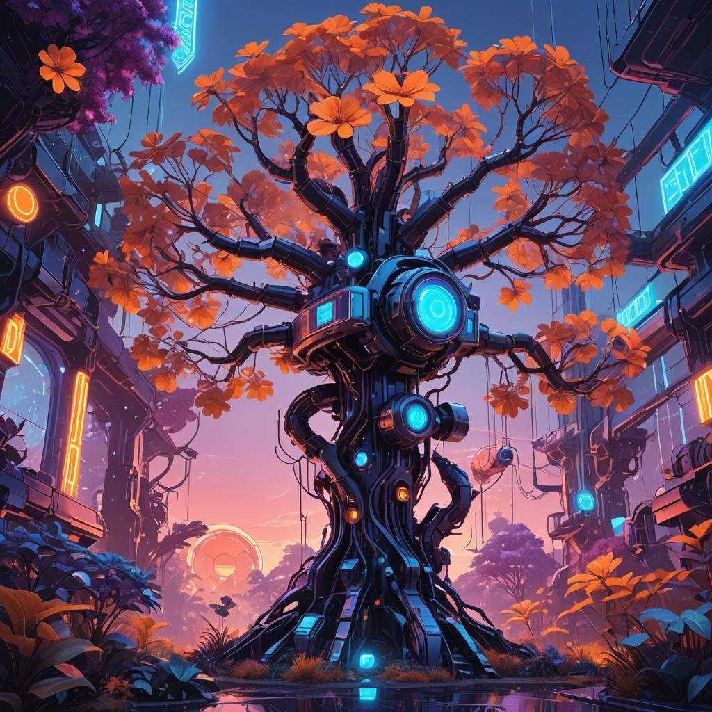 Futuristic Garden with Mechanical Tree: Digital Matte Painti...