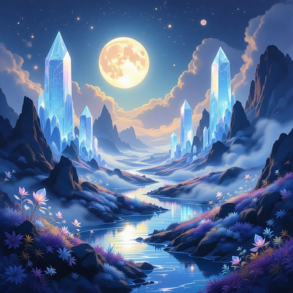 Ethereal Mist Landscape with Crystalline Structures