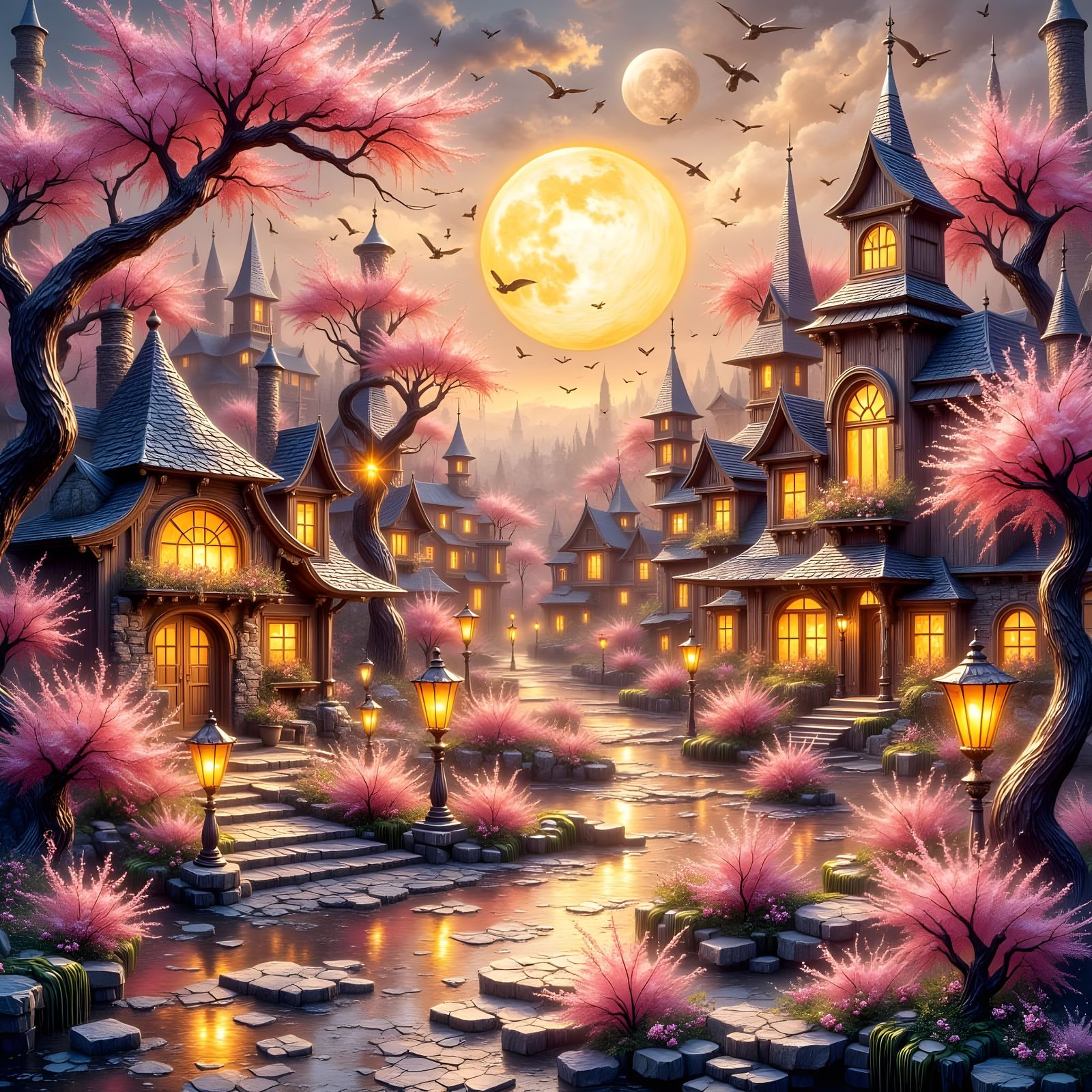 Fantasy Village in Whimsical Pink and Gold