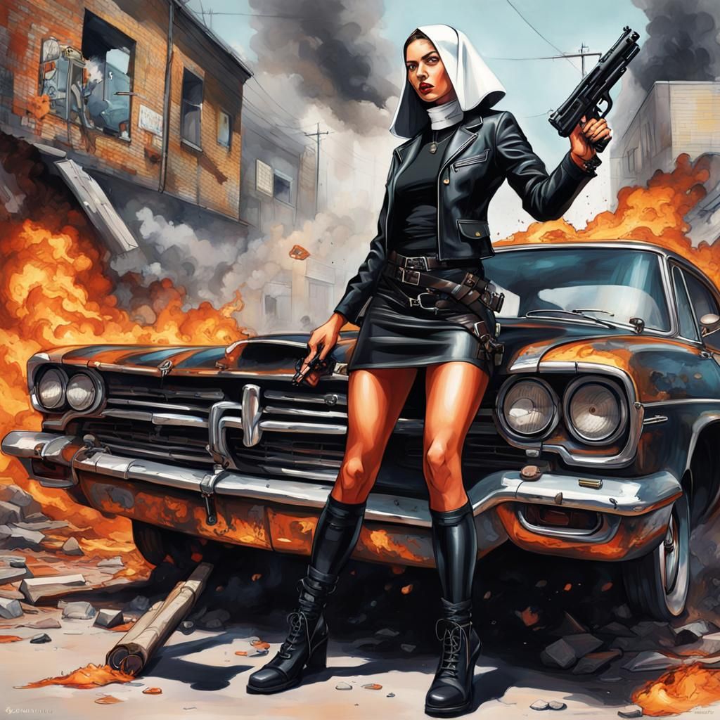 Nun Double Agent with Fiery Explosion Backdrop