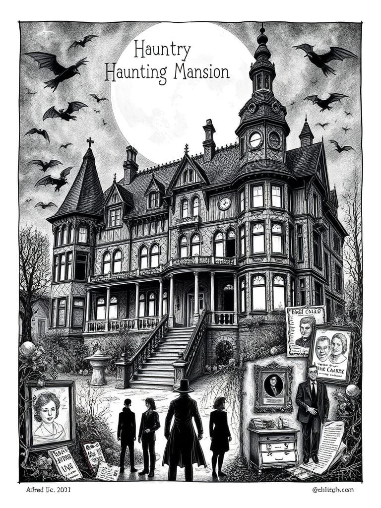 Gothic Mansion Murder Mystery Movie Poster in Ink