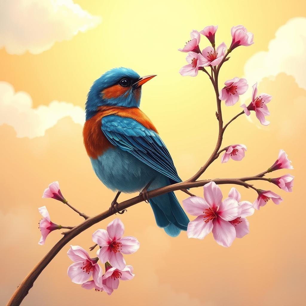 Bluebird with Cherry Blossoms in Whimsical Style