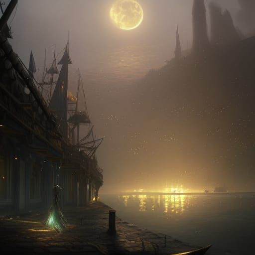 Moon Elf Harbor City in Dark Fantasy Style