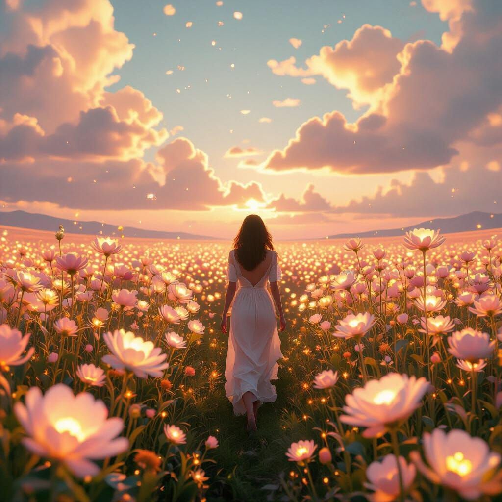 Hyper-Real Holographic Flower Field in a Dreamy Pastel Sky