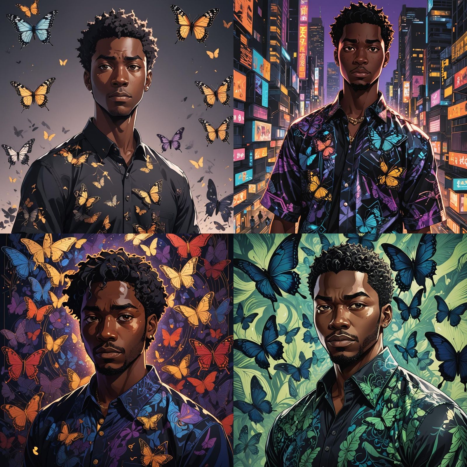 Anime Style Black Man in Butterfly Shirt