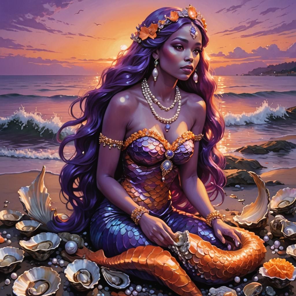 Mermaid with Pearls at Sunset
