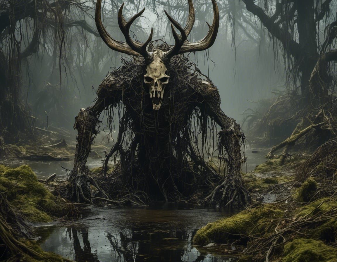 Towering Swamp Monster with Elk Skull in Gloomy Marsh