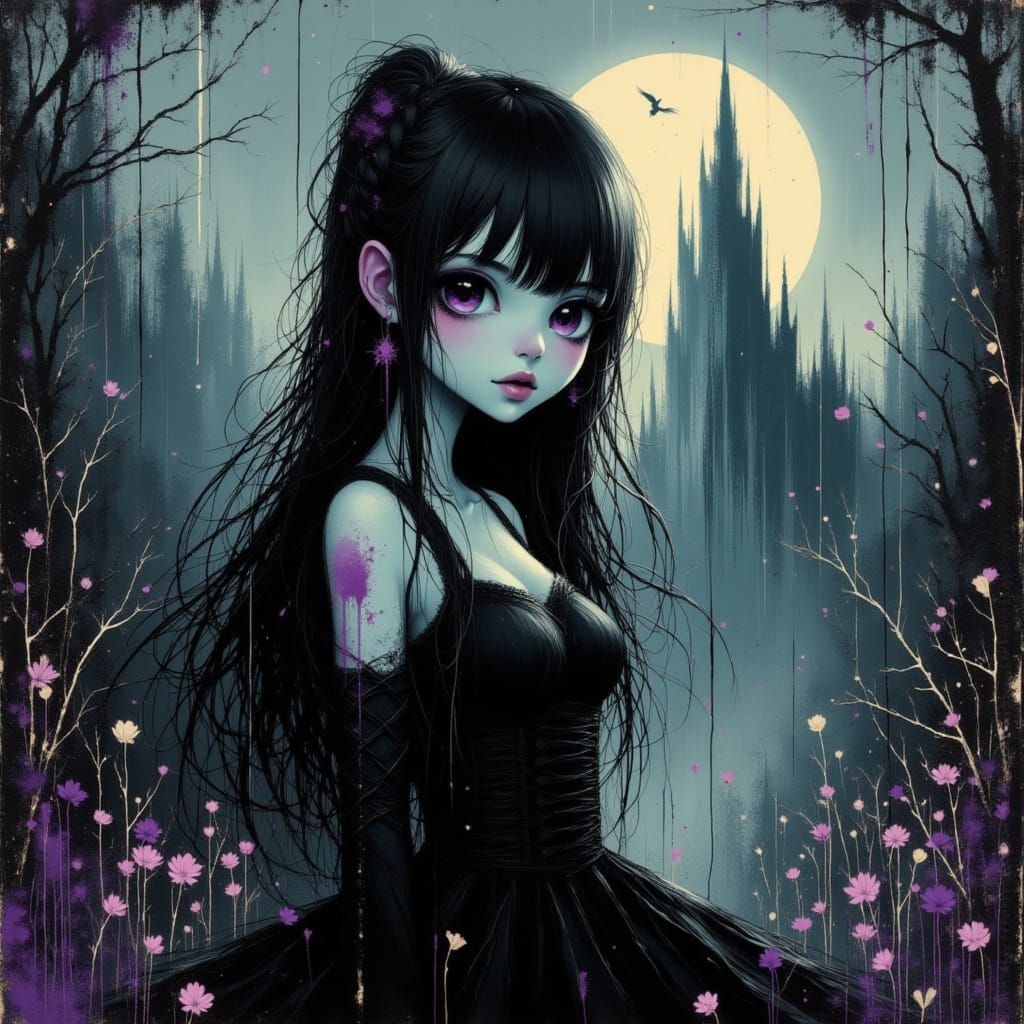 Mysterious Gothic Anime Woman in Ruined Castle