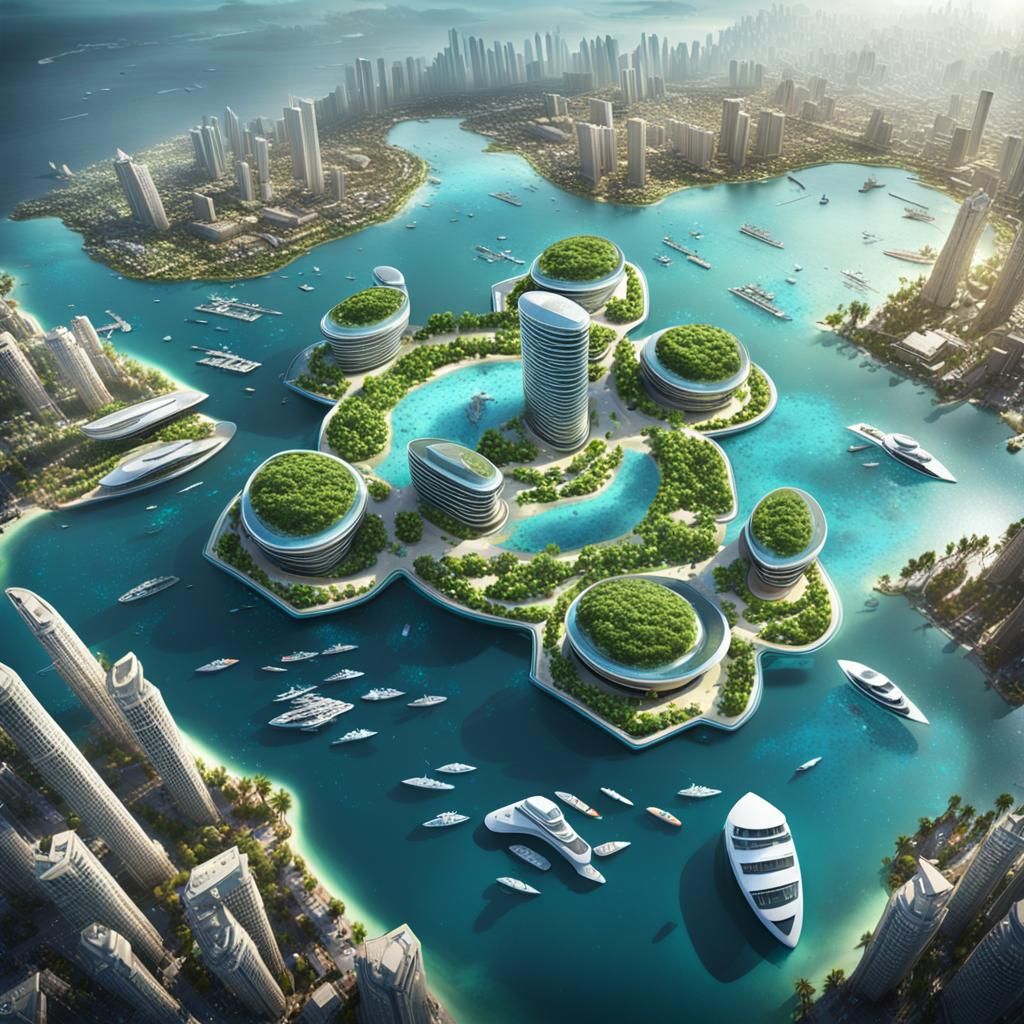 Futuristic Floating Island with Marina, Concept Art