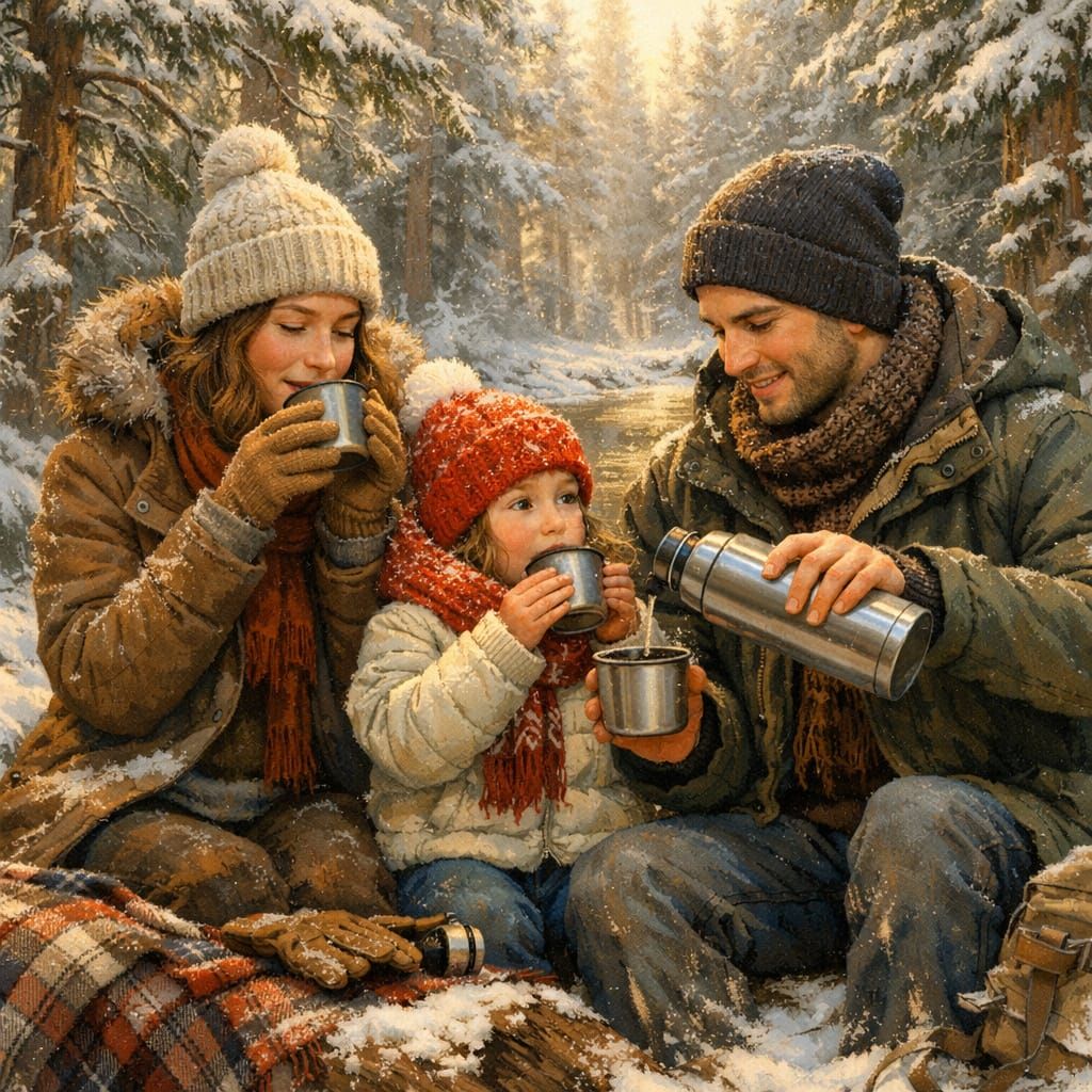 Family Tea Time in Winter Forest Matte Painting