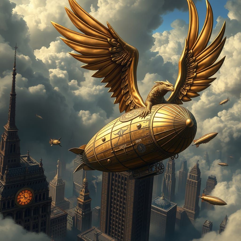 Griffin Airship Soaring Through Clockwork Skies