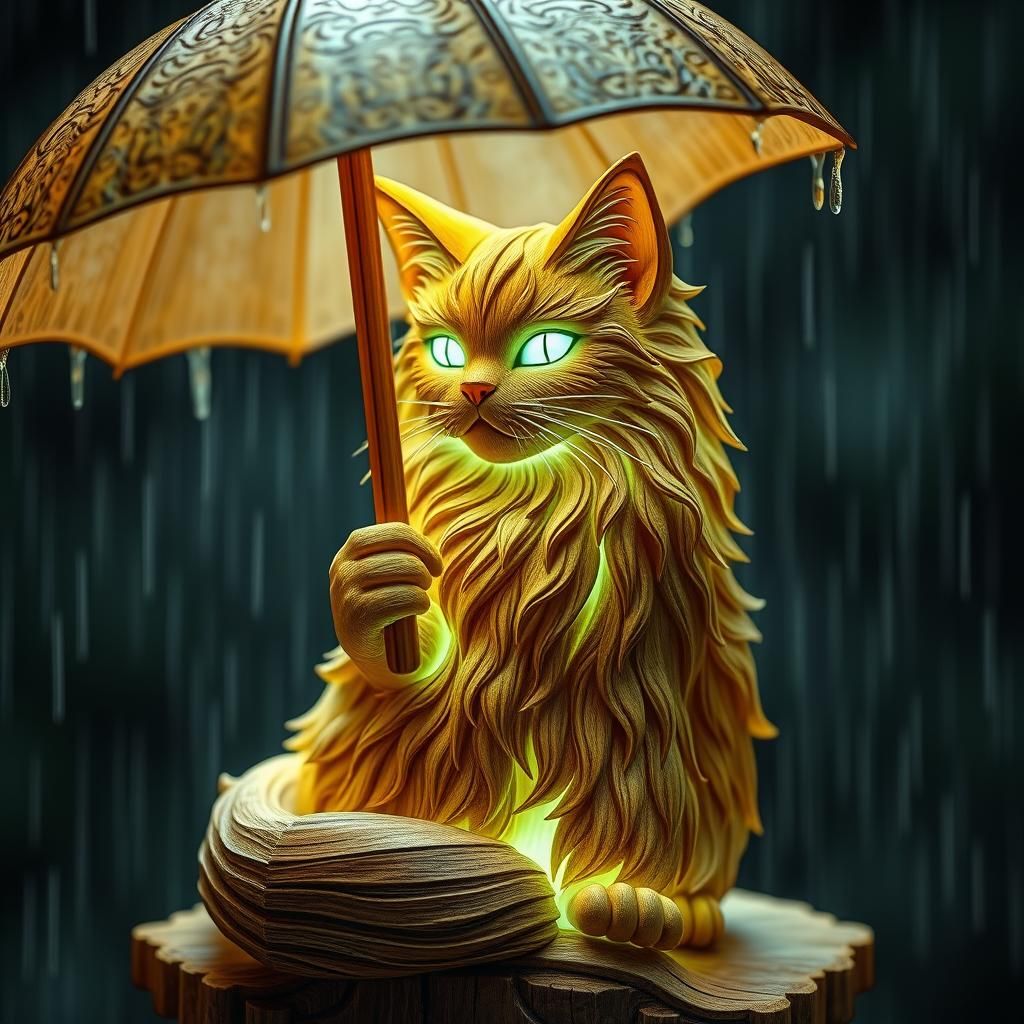 Glowing Cat Under Umbrella: Intricate Wood Carving