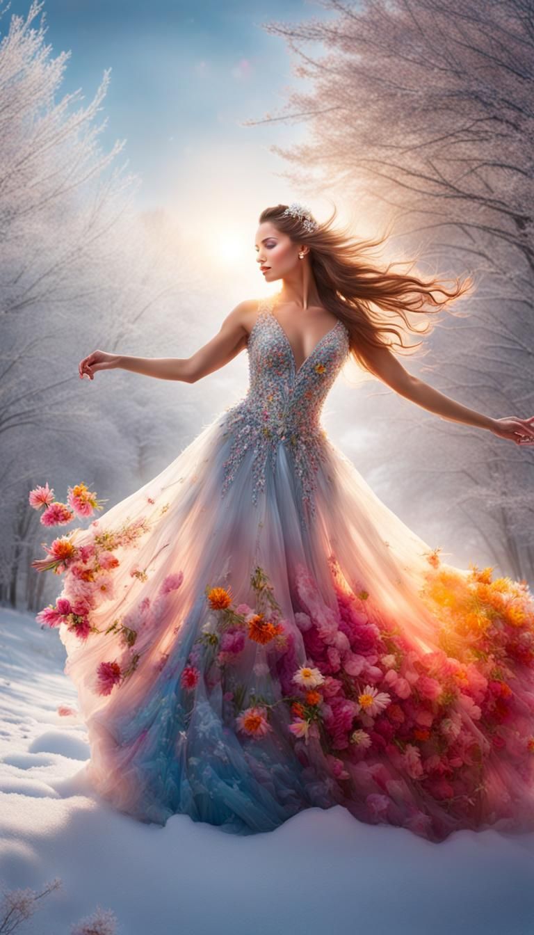 Floral Dancer in Winter Landscape: Hyperrealistic 3D Render