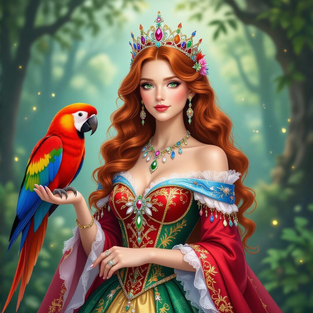 Fantasy Princess with Ara Parrot in Enchanted Forest