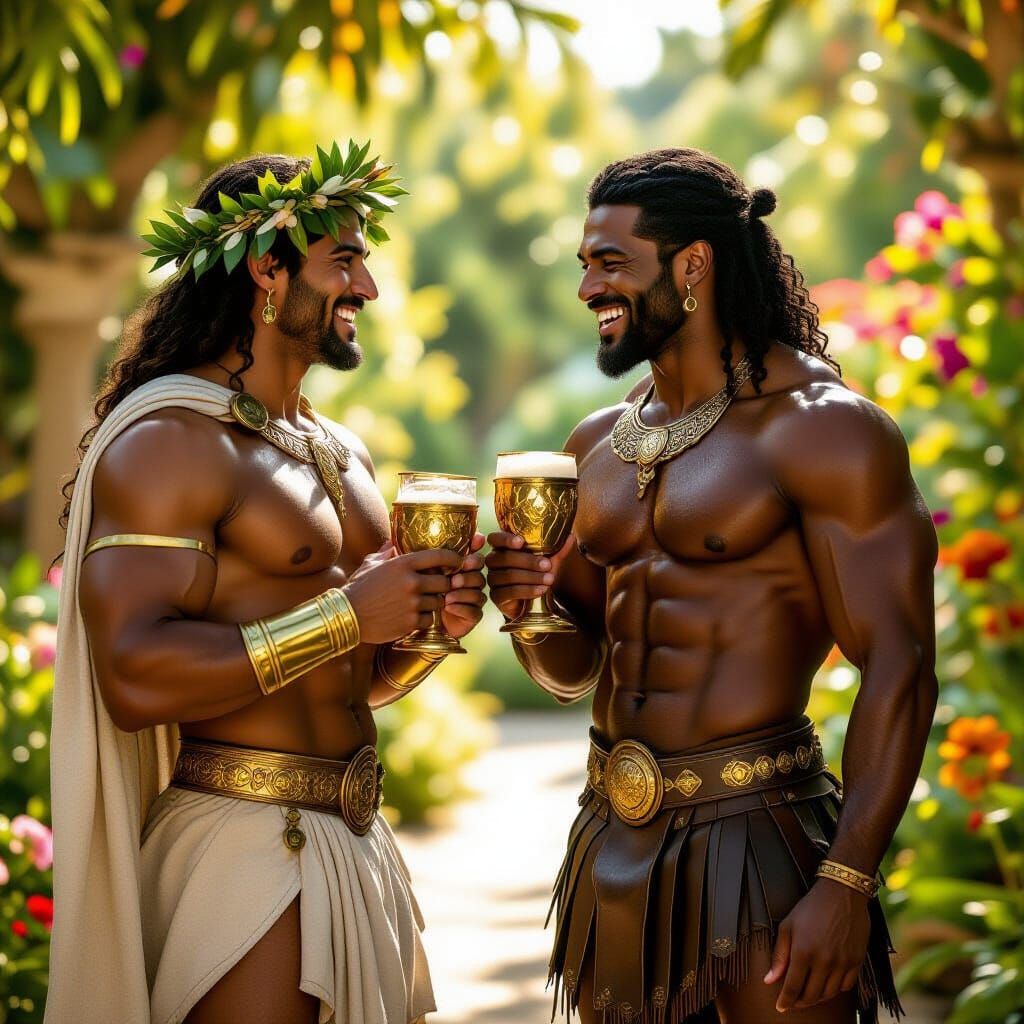 Two Gods Share Ambrosia in a Lush Garden