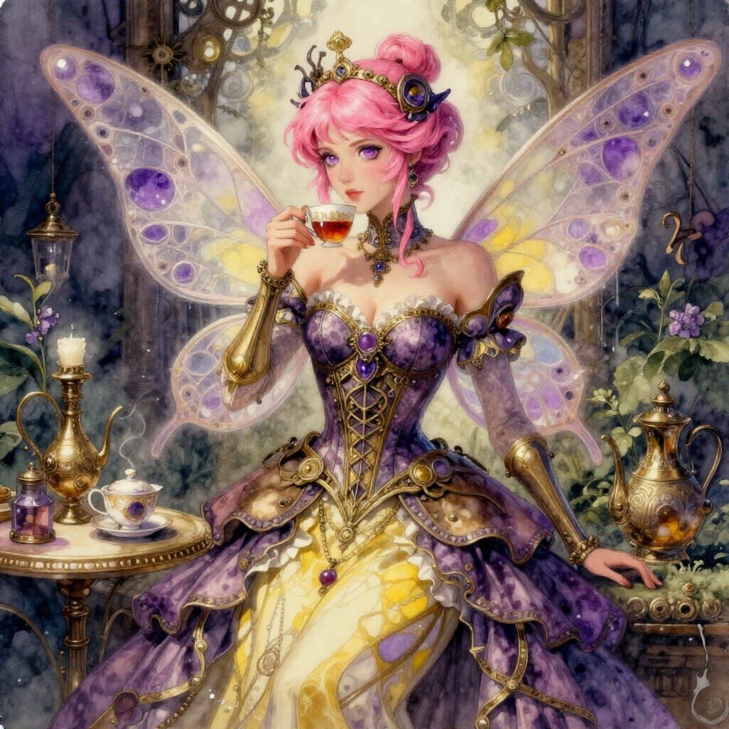 Steampunk Fairy Sipping Tea in a Garden