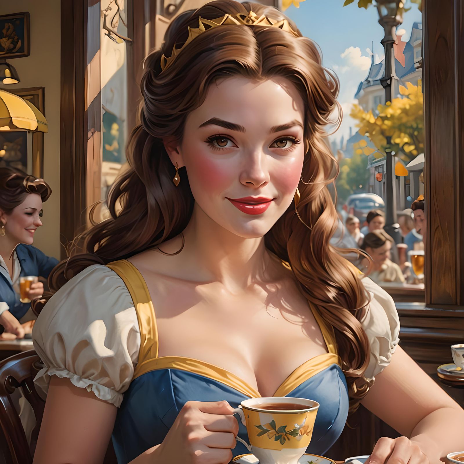 Princess Belle in Bistro, Hyperrealistic Art Nouveau