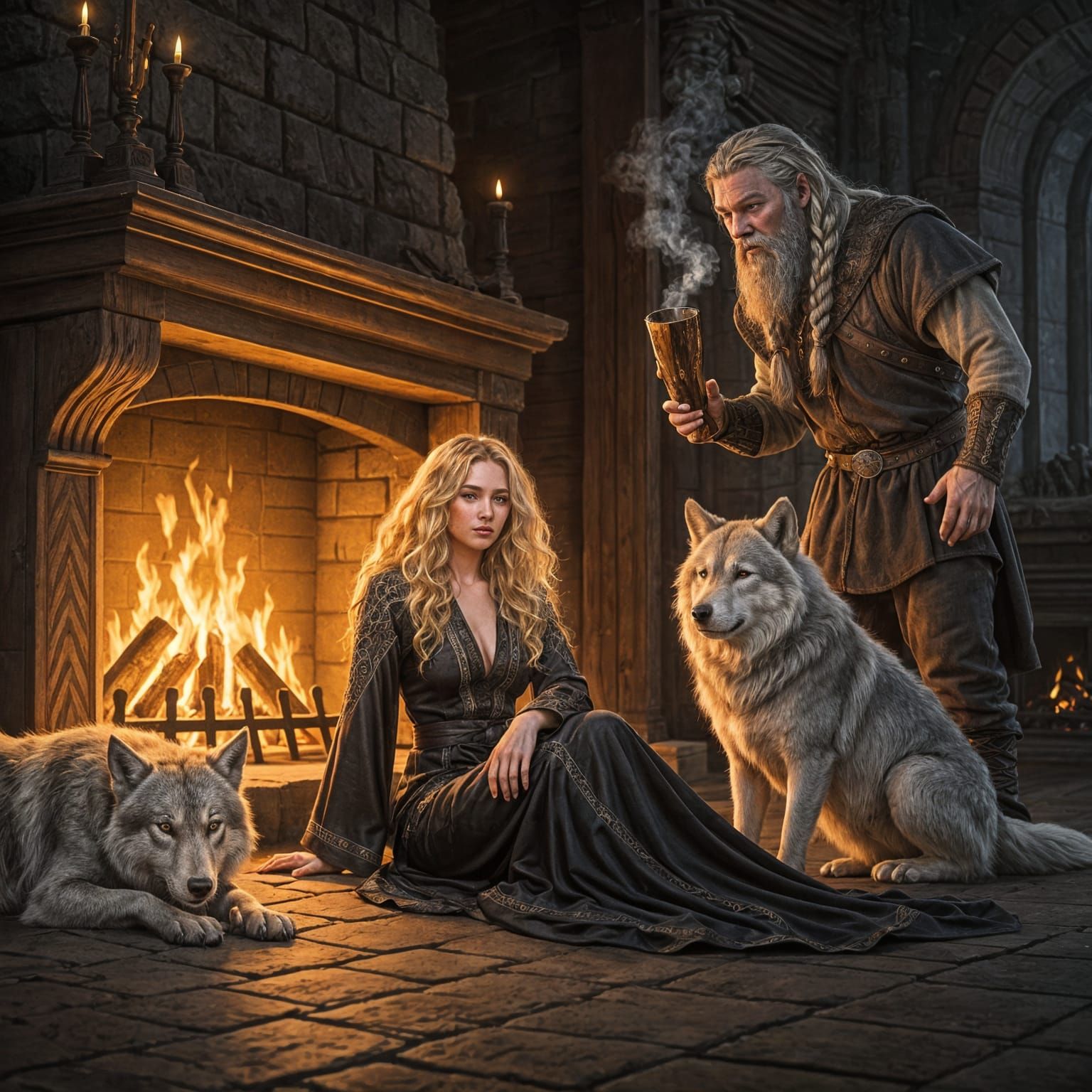 Woman, Wolves, and Viking by Firelight